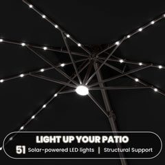 Close up of 51 solar-powered LED lights on the ribs of a black cantilever patio umbrella with center light