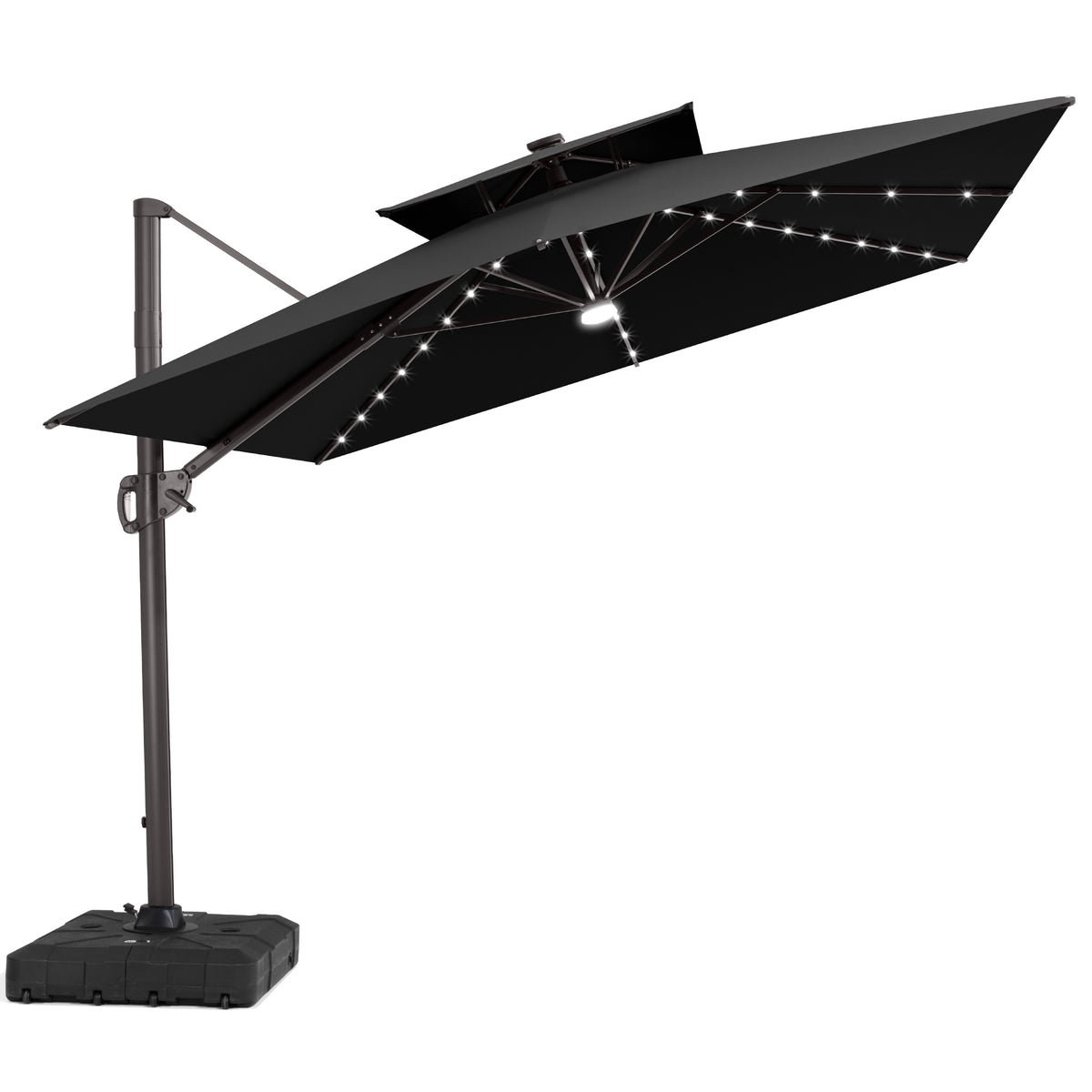 Crestlive 11x9 ft black rectangular cantilever patio umbrella with solar LED rib lights and heavy-duty wheeled base