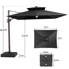 Size guide for Crestlive 12x9 ft black lighted cantilever patio umbrella showing 8.4ft total height and base dimensions