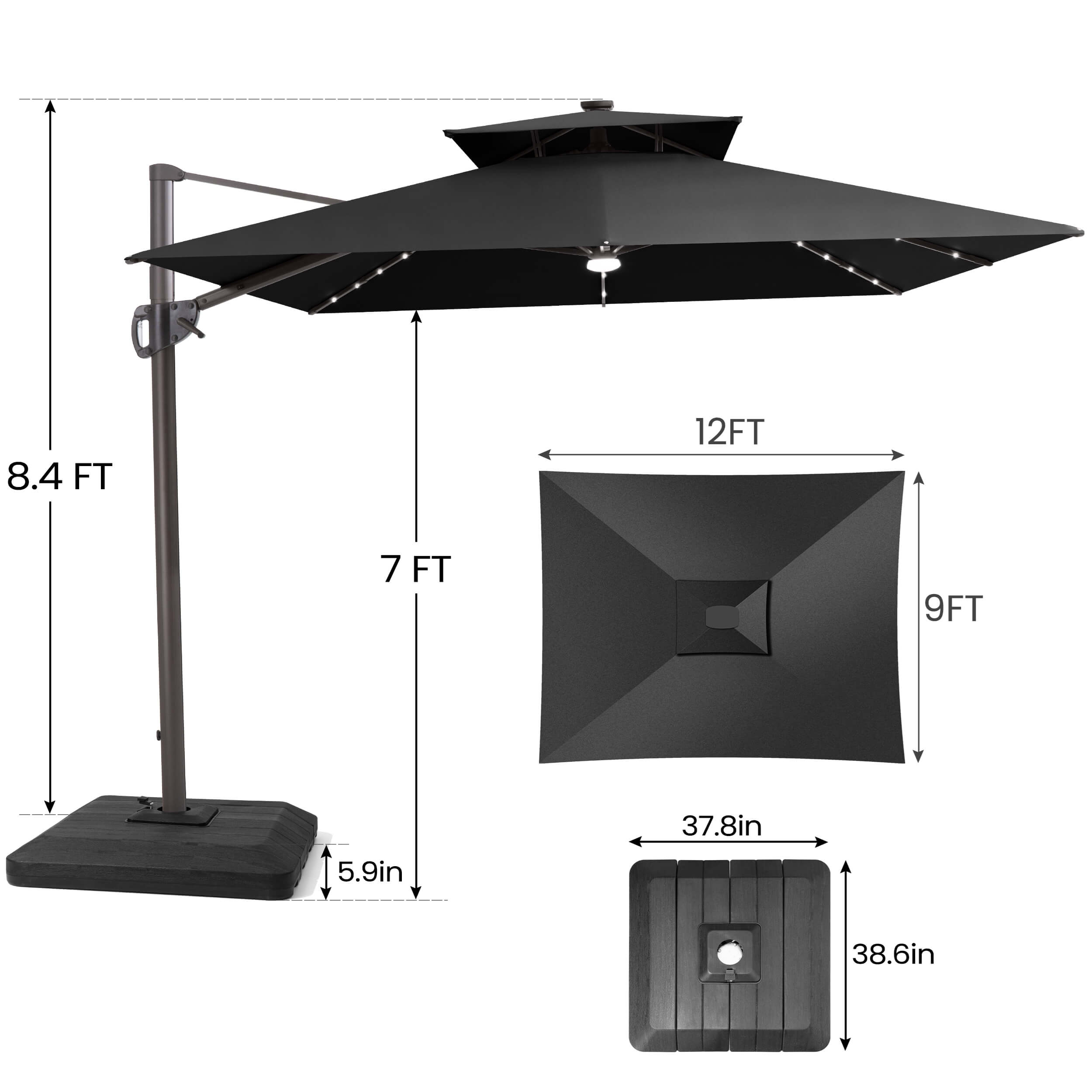 Size guide for Crestlive 12x9 ft black lighted cantilever umbrella showing 8.4ft total height and low-profile base