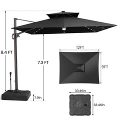 Size guide for Crestlive 12x9 ft black lighted cantilever umbrella showing 8.4ft total height and wheeled base