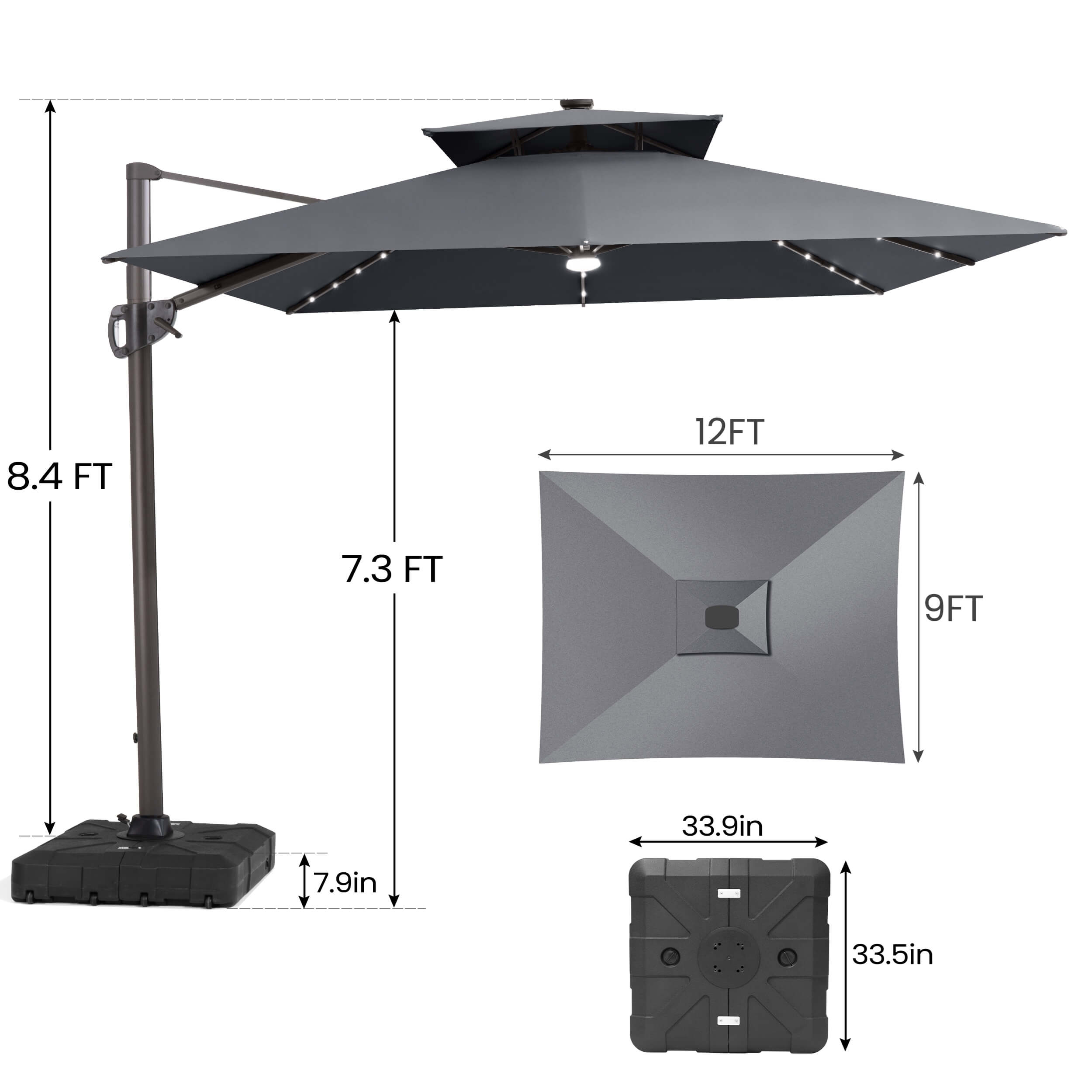Size guide for Crestlive 12x9 ft grey lighted cantilever patio umbrella showing 8.4ft total height and base dimensions