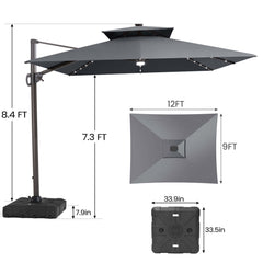 Size guide for Crestlive 12x9 ft grey lighted cantilever patio umbrella showing 8.4ft total height and base dimensions