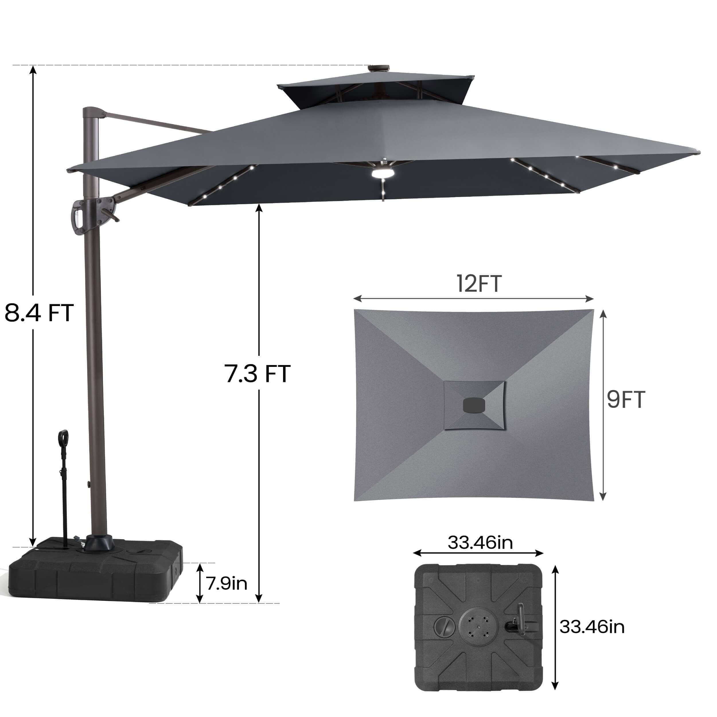 Size guide for Crestlive 12x9 ft grey lighted cantilever umbrella showing 8.4ft total height and wheeled base
