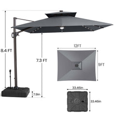 Size guide for Crestlive 12x9 ft grey lighted cantilever umbrella showing 8.4ft total height and wheeled base