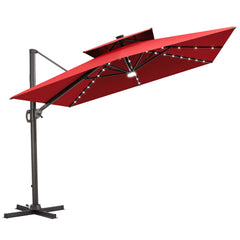 12x9 ft Aluminum Cantilever Patio Umbrella with LED Lights & Double Top (Base Options)