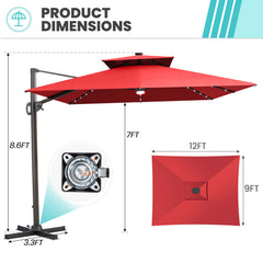 12x9 ft Aluminum Cantilever Patio Umbrella with LED Lights & Double Top (Base Options)