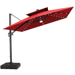 12x9 ft Aluminum Cantilever Patio Umbrella with LED Lights & Double Top (Base Options)
