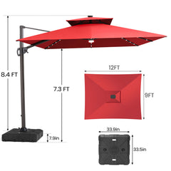 12x9 ft Aluminum Cantilever Patio Umbrella with LED Lights & Double Top (Base Options)