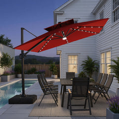 12x9 ft Aluminum Cantilever Patio Umbrella with LED Lights & Double Top (Base Options)