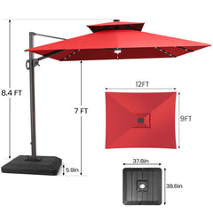 12x9 ft Aluminum Cantilever Patio Umbrella with LED Lights & Double Top (Base Options)