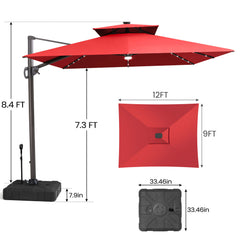 12x9 ft Aluminum Cantilever Patio Umbrella with LED Lights & Double Top (Base Options)