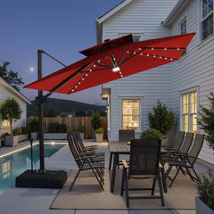 12x9 ft Aluminum Cantilever Patio Umbrella with LED Lights & Double Top (Base Options)