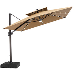 Tilted Crestlive 12x9 ft beige lighted cantilever patio umbrella with solar LED lights and heavy-duty base