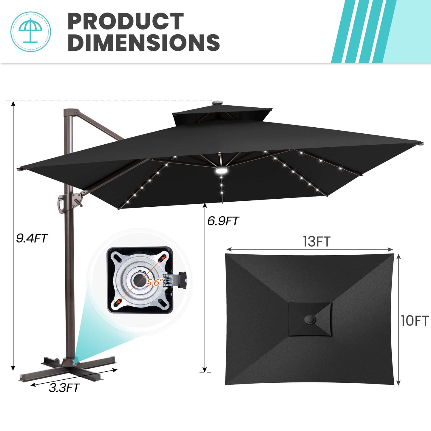 Crestlive Products 13 x 10 ft Aluminum Double Top Crank Cantilever Patio Umbrella with LED Lights
