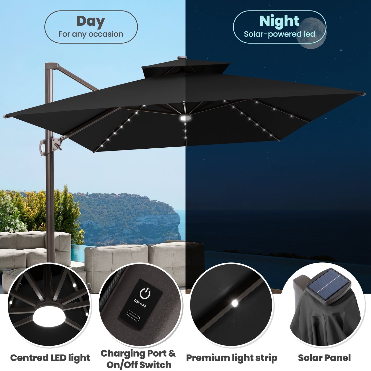 Crestlive Products 13 x 10 ft Aluminum Double Top Crank Cantilever Patio Umbrella with LED Lights