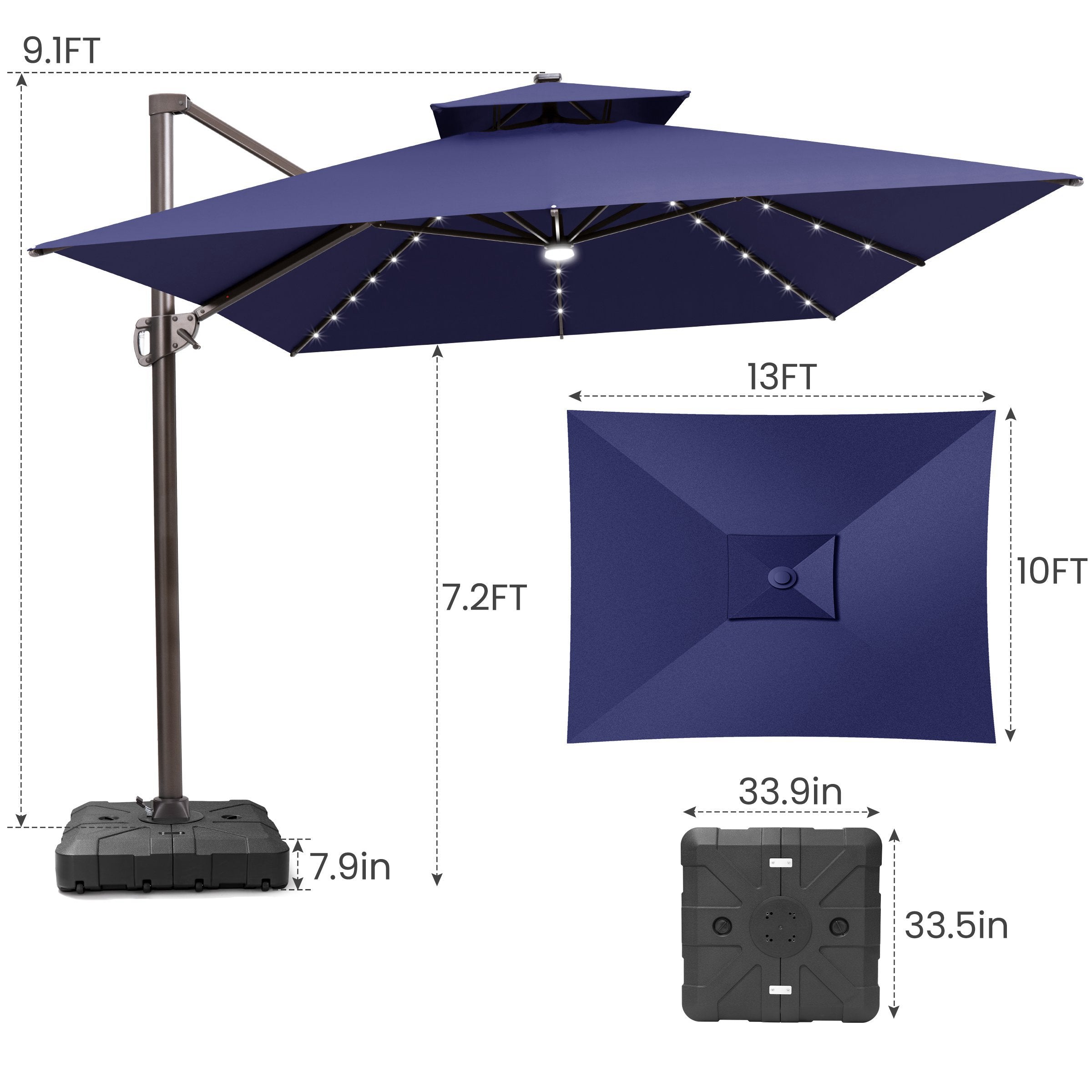10 ft x 13 ft Outdoor Solar Powered LED Lighted Double Top Patio Cantilever Umbrella with Base Stand