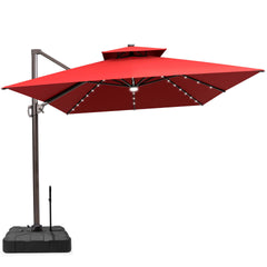 Crestlive 13x10 ft red cantilever umbrella with LEDs and a heavy-duty wheeled base featuring a pull handle