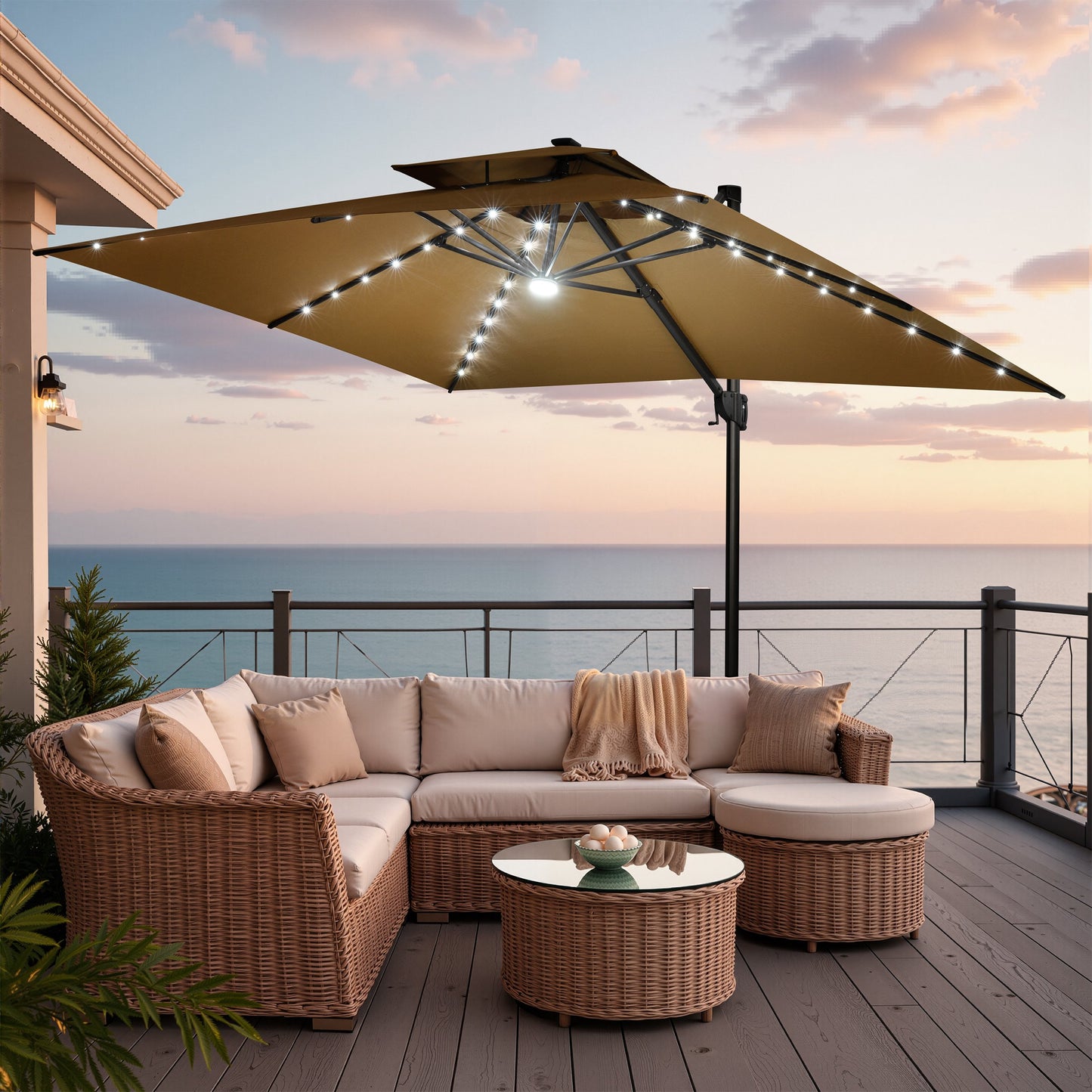 Crestlive Products 13x10ft Aluminum Double Top Crank Cantilever Patio Umbrella with Lights with Base