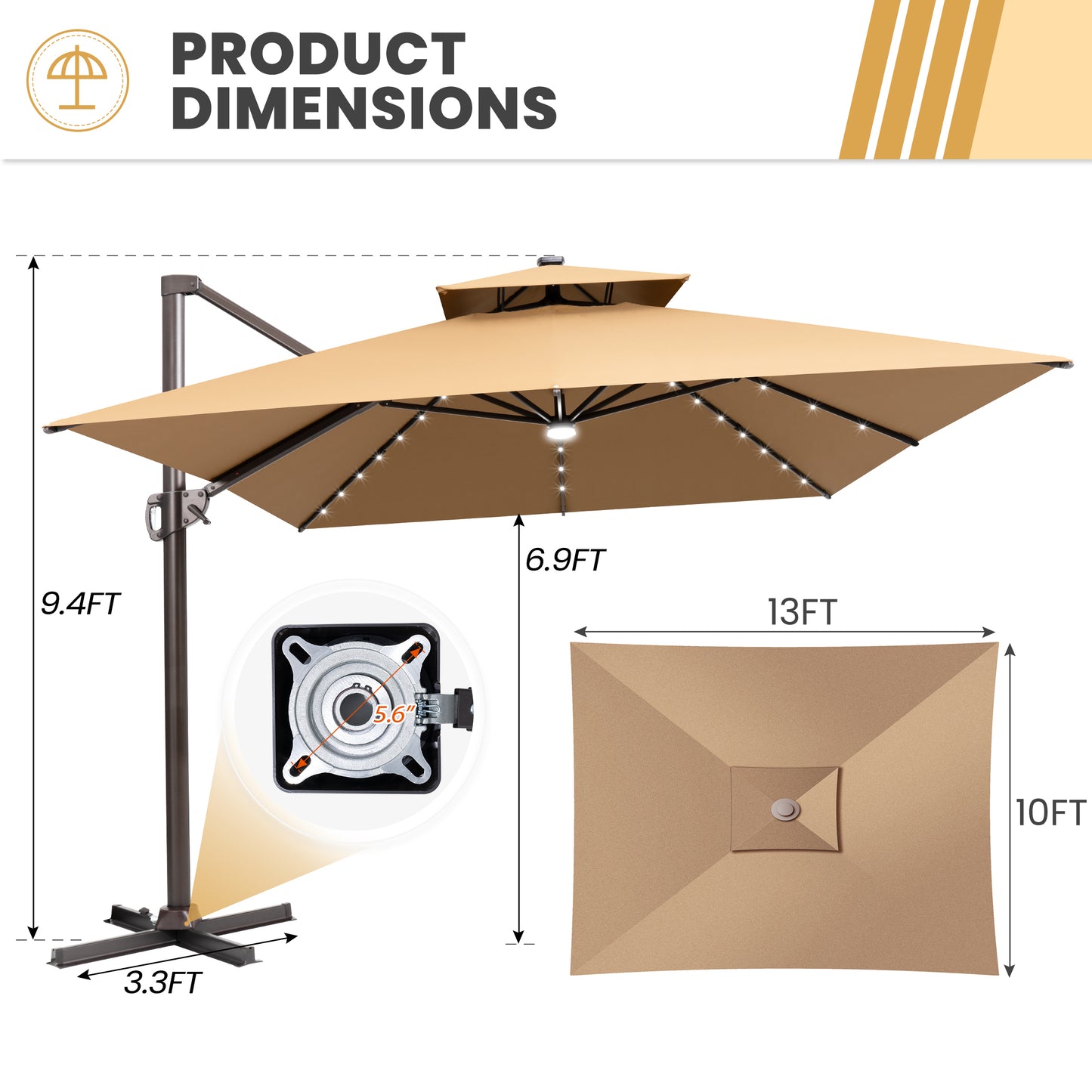 Crestlive Products 13 x 10 ft Aluminum Double Top Crank Cantilever Patio Umbrella with LED Lights and Base Options