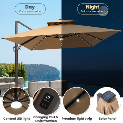 Crestlive Products 13x10ft Aluminum Double Top Crank Cantilever Patio Umbrella with Lights with Base