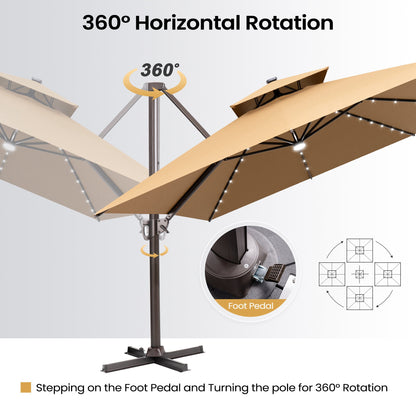 Crestlive Products 13x10ft Aluminum Double Top Crank Cantilever Patio Umbrella with Lights with Base