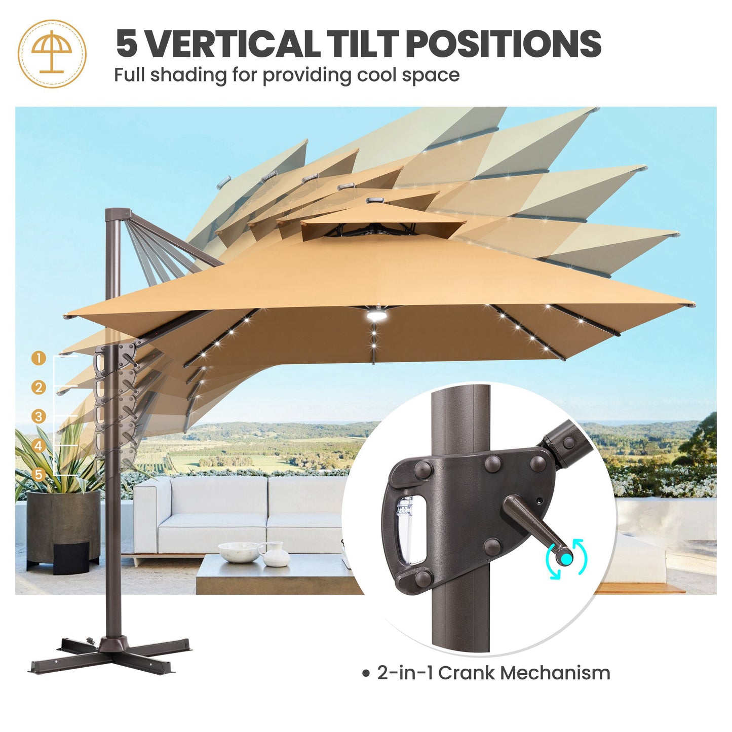 Crestlive Products 13x10ft Aluminum Double Top Crank Cantilever Patio Umbrella with Lights with Base