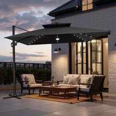 11x11 ft Square Aluminum Cantilever Patio Umbrella with LED Lights & Double Top (Base Options)