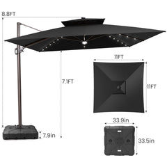11x11 ft Square Aluminum Cantilever Patio Umbrella with LED Lights & Double Top (Base Options)