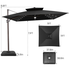 11x11 ft Square Aluminum Cantilever Patio Umbrella with LED Lights & Double Top (Base Options)