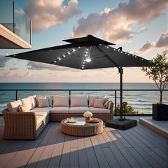 11x11 ft Square Aluminum Cantilever Patio Umbrella with LED Lights & Double Top (Base Options)