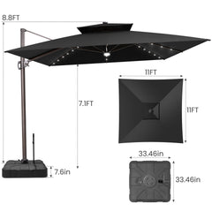 11x11 ft Square Aluminum Cantilever Patio Umbrella with LED Lights & Double Top (Base Options)