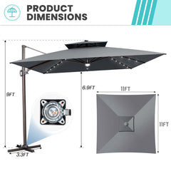 11x11 ft Square Aluminum Cantilever Patio Umbrella with LED Lights & Double Top (Base Options)