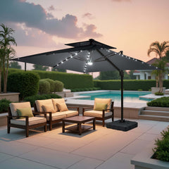 11x11 ft Square Aluminum Cantilever Patio Umbrella with LED Lights & Double Top (Base Options)