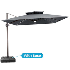 11x11 ft Square Aluminum Cantilever Patio Umbrella with LED Lights & Double Top (Base Options)