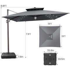 11x11 ft Square Aluminum Cantilever Patio Umbrella with LED Lights & Double Top (Base Options)