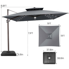 11x11 ft Square Aluminum Cantilever Patio Umbrella with LED Lights & Double Top (Base Options)