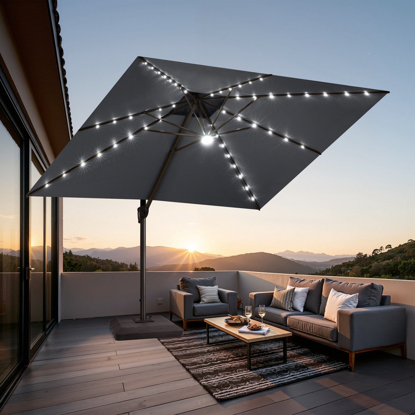 Crestlive Products 11 x 11 ft Aluminum Double Top Cantilever Patio Umbrella with LED Lights and Base Options