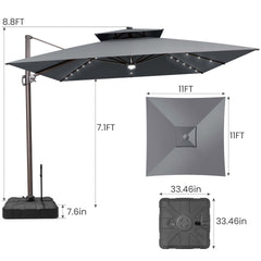 11x11 ft Square Aluminum Cantilever Patio Umbrella with LED Lights & Double Top (Base Options)