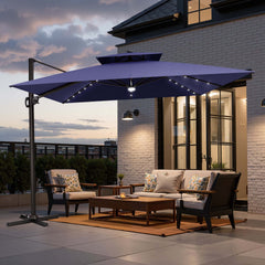 11x11 ft Square Aluminum Cantilever Patio Umbrella with LED Lights & Double Top (Base Options)