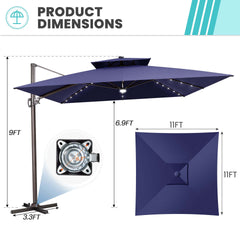11x11 ft Square Aluminum Cantilever Patio Umbrella with LED Lights & Double Top (Base Options)