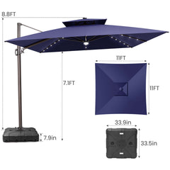 11x11 ft Square Aluminum Cantilever Patio Umbrella with LED Lights & Double Top (Base Options)