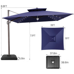 11x11 ft Square Aluminum Cantilever Patio Umbrella with LED Lights & Double Top (Base Options)