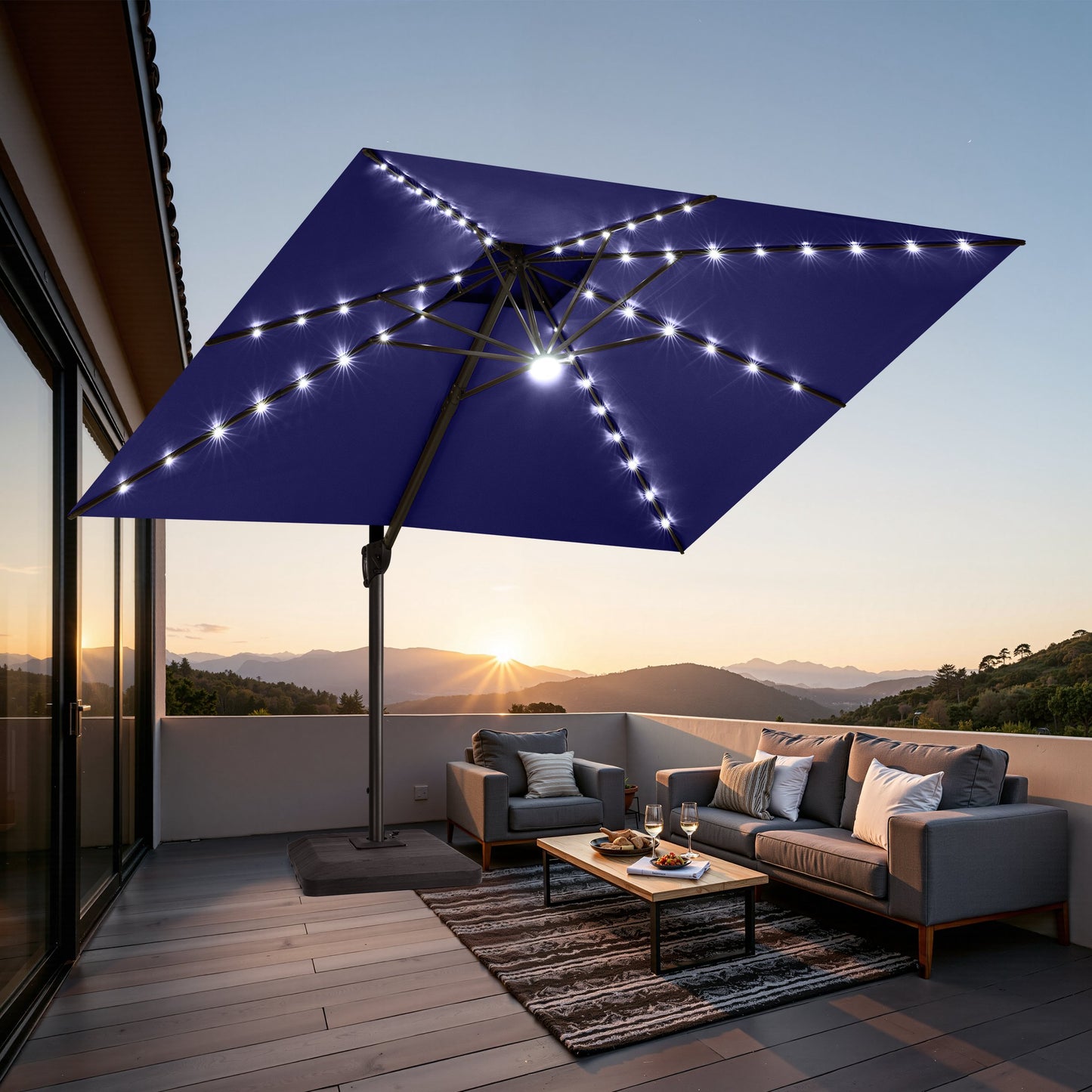 Crestlive Products 11 x 11 ft Aluminum Double Top Cantilever Patio Umbrella with LED Lights and Base Options