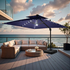 11x11 ft Square Aluminum Cantilever Patio Umbrella with LED Lights & Double Top (Base Options)