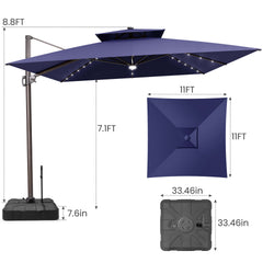 11x11 ft Square Aluminum Cantilever Patio Umbrella with LED Lights & Double Top (Base Options)
