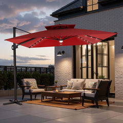 11x11 ft Square Aluminum Cantilever Patio Umbrella with LED Lights & Double Top (Base Options)