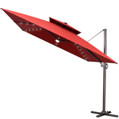 11x11 ft Square Aluminum Cantilever Patio Umbrella with LED Lights & Double Top (Base Options)
