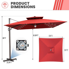 11x11 ft Square Aluminum Cantilever Patio Umbrella with LED Lights & Double Top (Base Options)