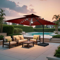 11x11 ft Square Aluminum Cantilever Patio Umbrella with LED Lights & Double Top (Base Options)